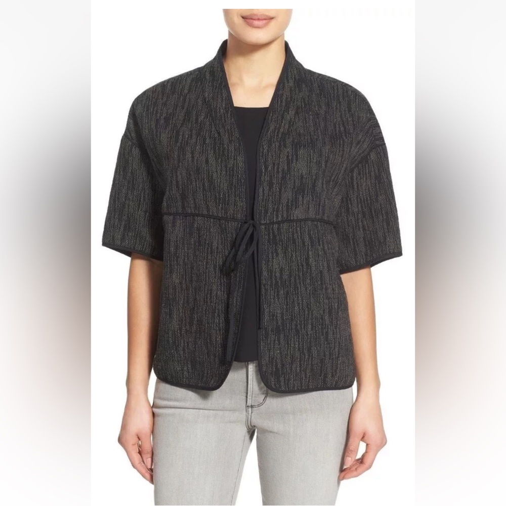 NEW Eileen Fisher Organic Cotton Tie Front Boxy Jacket NWT Brown Black XS